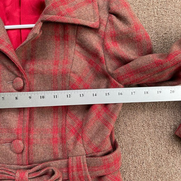 tulle jacket plaid wool blend red brown satin lined belted size med - Picture 4 of 7